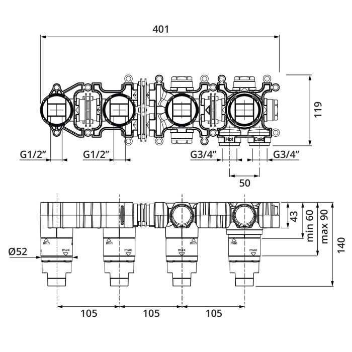 Herzbach MODUL7 Thermostat Einbaukörper mit Auslauf für 2 Verbraucher