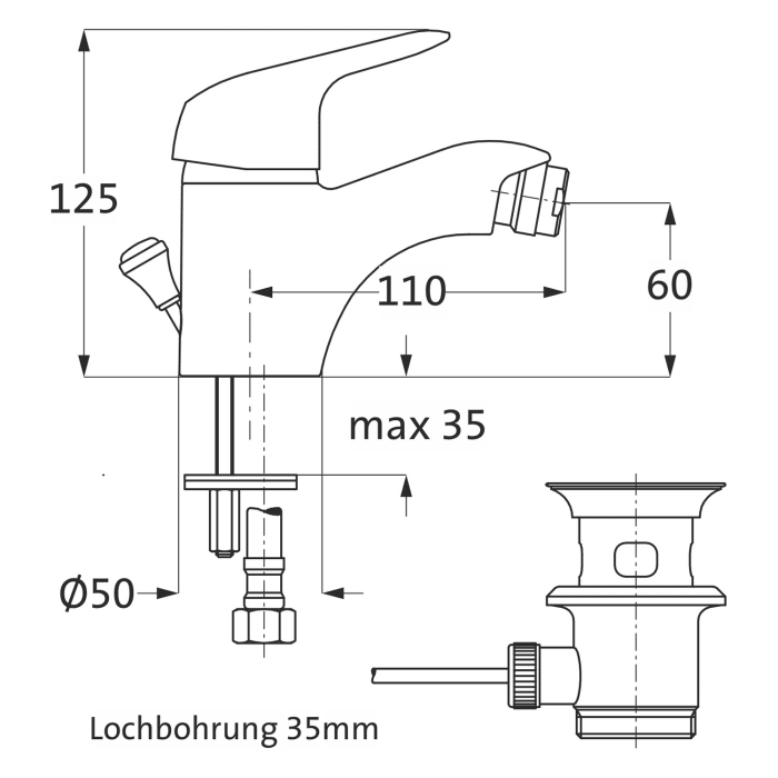 Herzbach KAPPA Bidet-Einlochbatterie mit Ablaufgarnitur