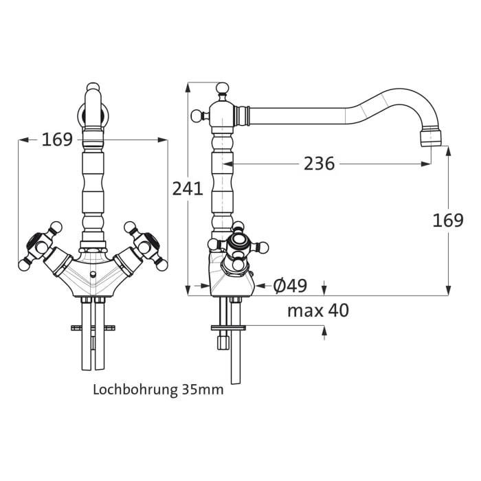 Herzbach ANAIS CLASSIC Spültisch-Einlochbatterie mit Kreuzgriff-Betätigungen