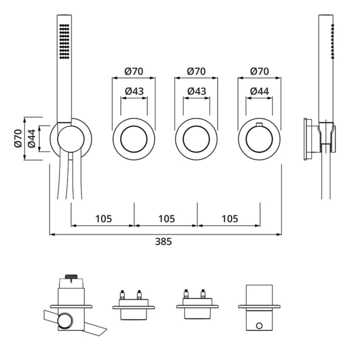 Herzbach MODUL7 PVD BRASS STEEL PUSH Thermostat Farbset für 2 Verbraucher