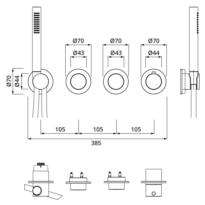 Herzbach MODUL7 PVD GOLD PUSH Thermostat Farbset für 2 Verbraucher