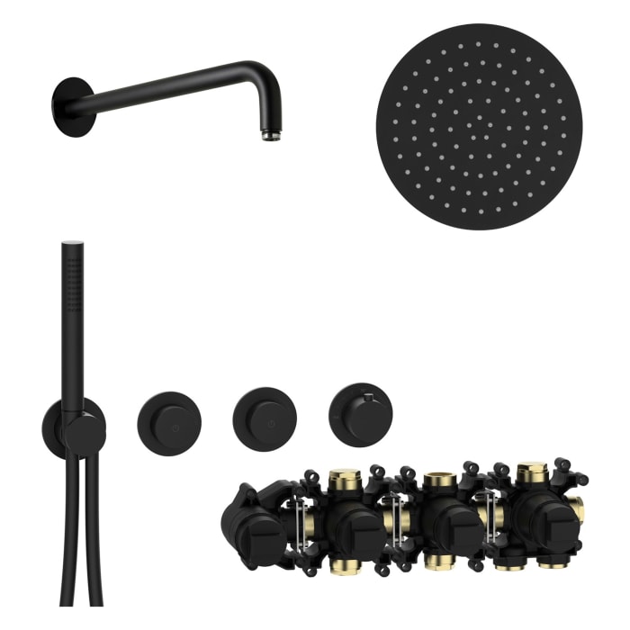 Herzbach MODUL7 BLACK Duschsystem P-RB250 mit PUSH Thermostat und Kopfbrause rund