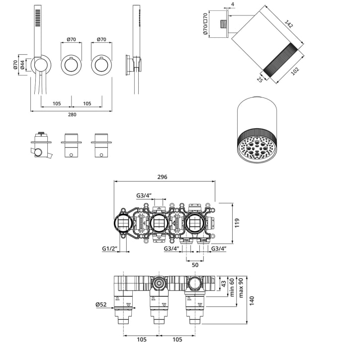 Herzbach MODUL7 BLACK Duschsystem H-SP3 mit Hebelmischer und Kopfbrause SPOT