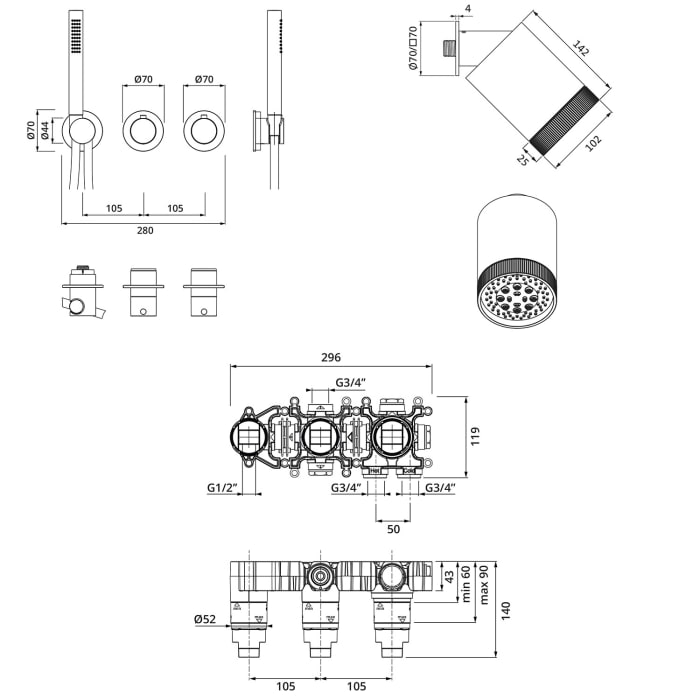 Herzbach MODUL7 IX Duschsystem T-SP3 mit Thermostat und Kopfbrause SPOT