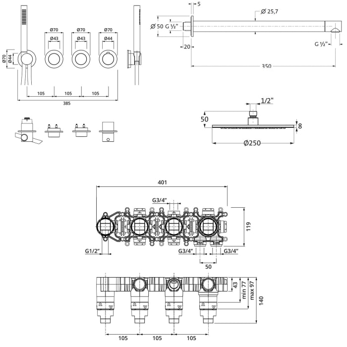 Herzbach MODUL7 Duschsystem P-RB250 mit PUSH Thermostat und Kopfbrause rund