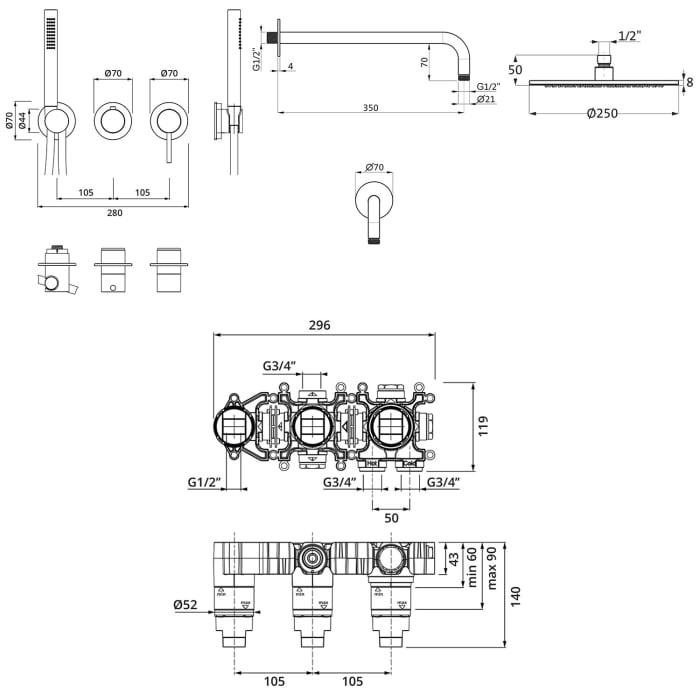 Herzbach MODUL7 Duschsystem H-RB250 mit Hebelmischer und Kopfbrause rund