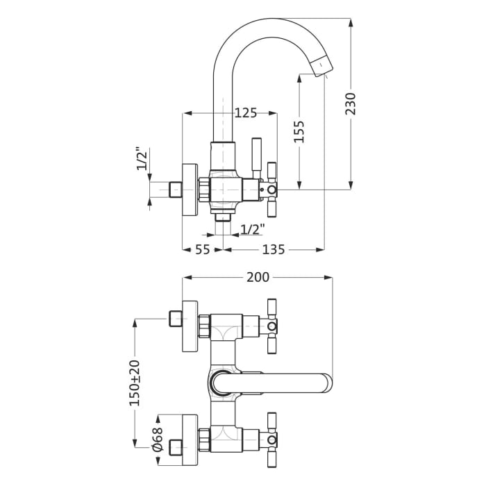 Herzbach STILO Wannenfüll- und Brausebatterie Aufputz, Auslauf oben