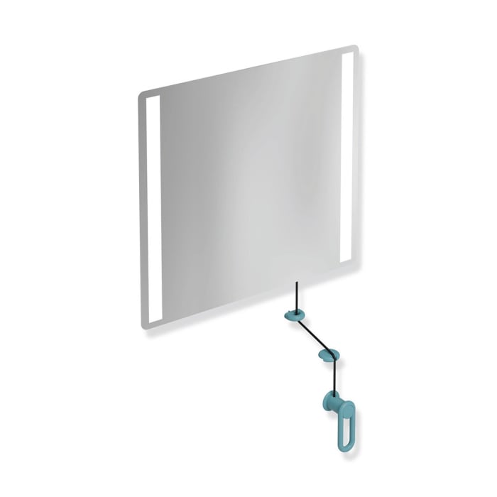 HEWI Serie 801 LED-Kippspiegel in aquablau mit den Maßen 60 x 54 cm