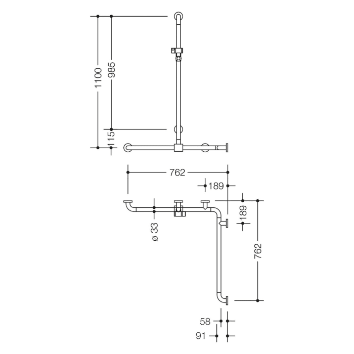 HEWI Serie 801 Duschhandlauf 79,7 x 117 cm mit verschiebbarer Brausehalterstange