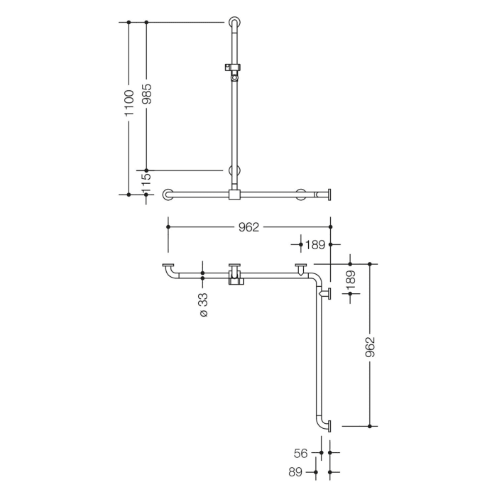 HEWI Serie 801 Duschhandlauf 99,7 x 117 cm mit verschiebbarer Brausehalterstange