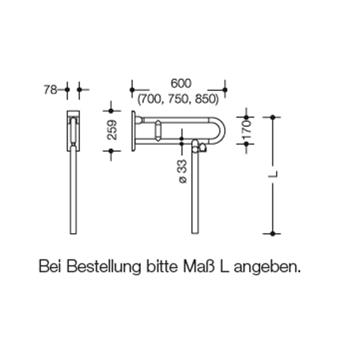 HEWI Serie 801 Stützklappgriff 60 cm mit Bodenstütze auf Maß