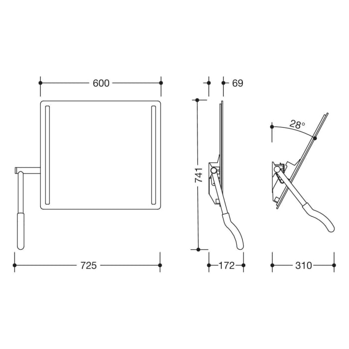 HEWI Serie 802 LifeSystem LED-Kippspiegel, Hebel links