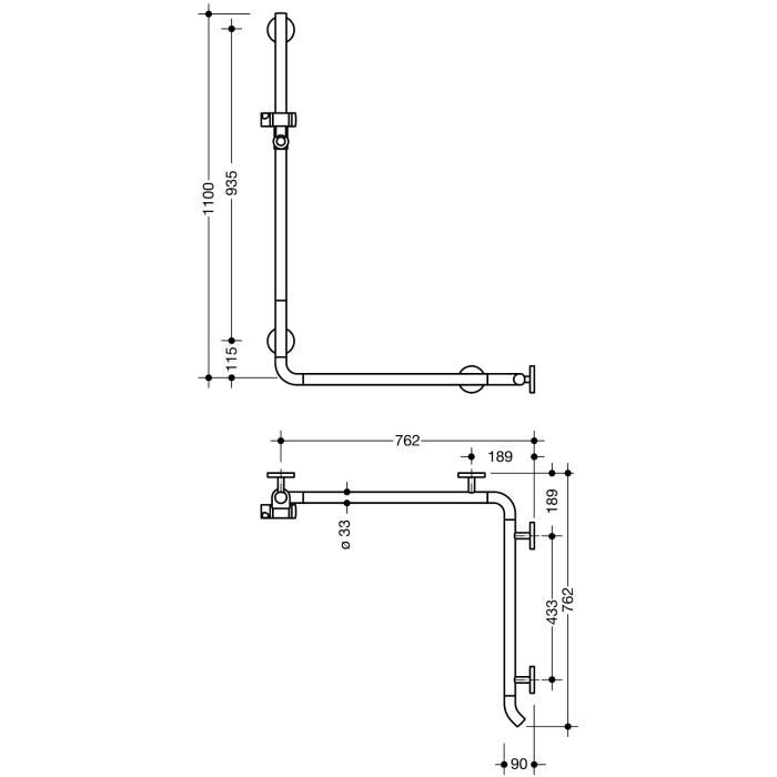 HEWI System 800K Duschhandlauf mit Brausehalterstange