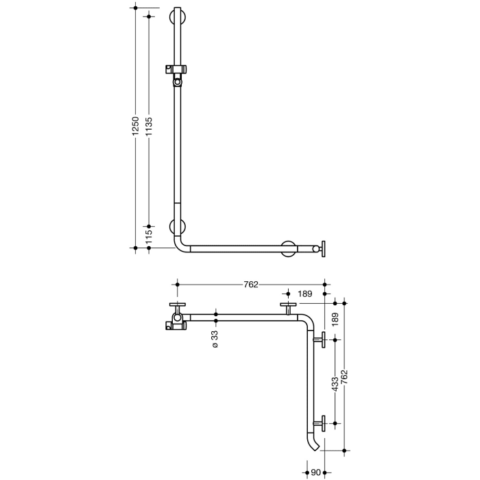 HEWI System 800K Duschhandlauf mit Brausehalterstange
