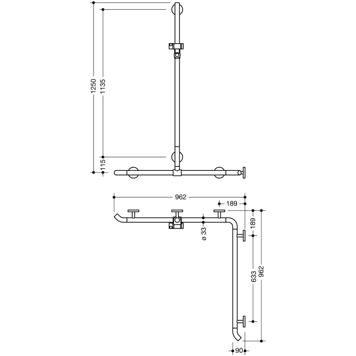 HEWI System 800K Duschhandlauf mit verschiebbarer Brausehalterstange