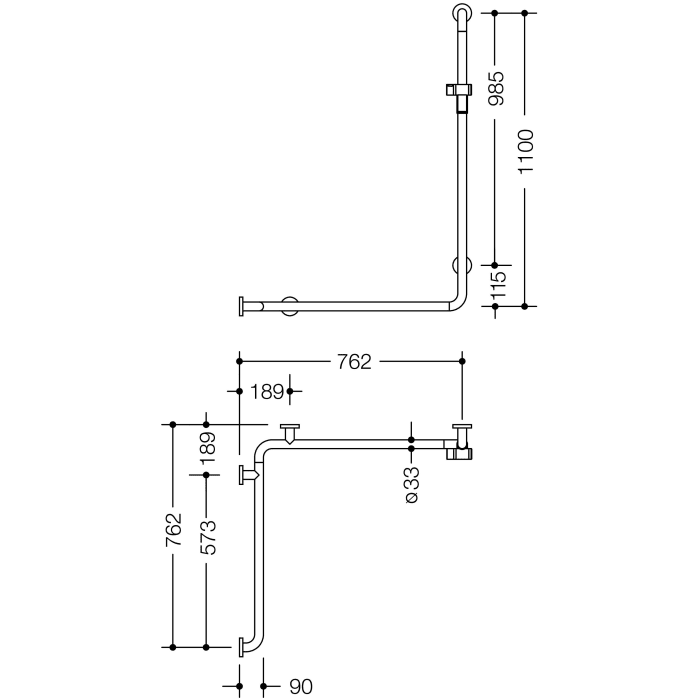 HEWI Serie 805 Classic Duschhandlauf mit Brausehalterstange 110 x 76,2/76,2 cm, Ausführung links