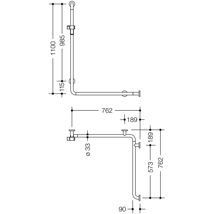 HEWI Serie 805 Classic Duschhandlauf mit Brausehalterstange 110 x 76,2/76,2 cm, Ausführung rechts
