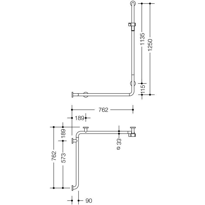 HEWI Serie 805 Classic Duschhandlauf mit Brausehalterstange 125 x 76,2/76,2 cm, Ausführung links