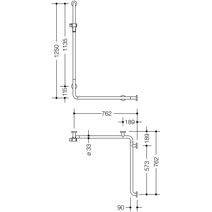 HEWI Serie 805 Classic Duschhandlauf mit Brausehalterstange 125 x 76,2/76,2 cm, Ausführung rechts