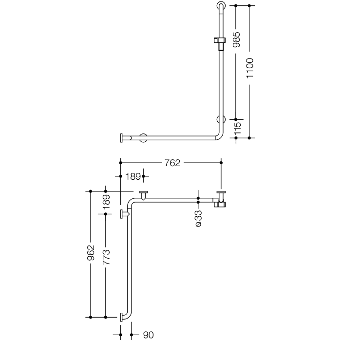 HEWI Serie 805 Classic Duschhandlauf mit Brausehalterstange 110 x 76,2/96,2 cm, Ausführung links