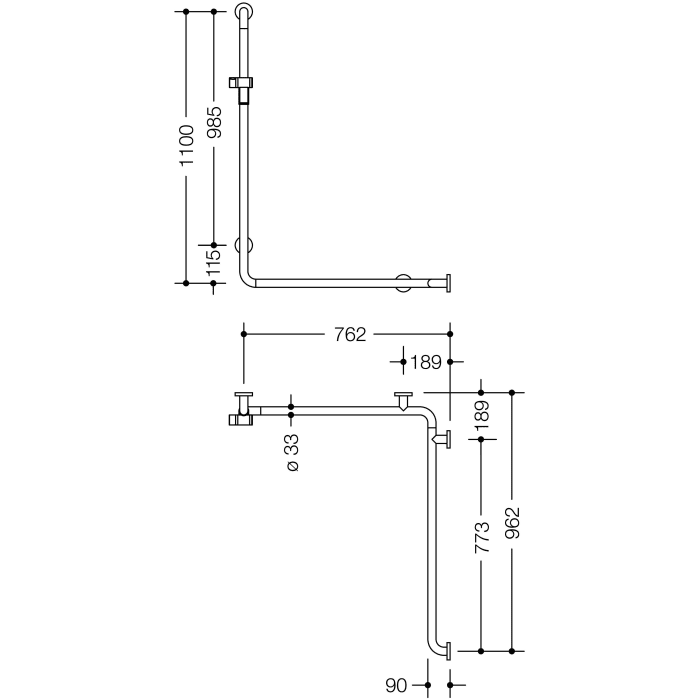 HEWI Serie 805 Classic Duschhandlauf mit Brausehalterstange 110 x 76,2/96,2 cm, Ausführung rechts