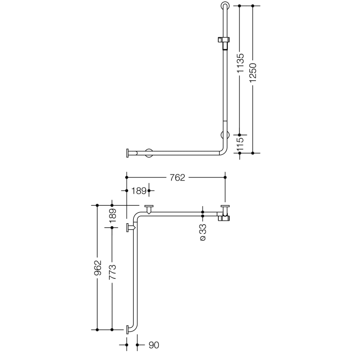 HEWI Serie 805 Classic Duschhandlauf mit Brausehalterstange 125 x 76,2/96,2 cm, Ausführung links