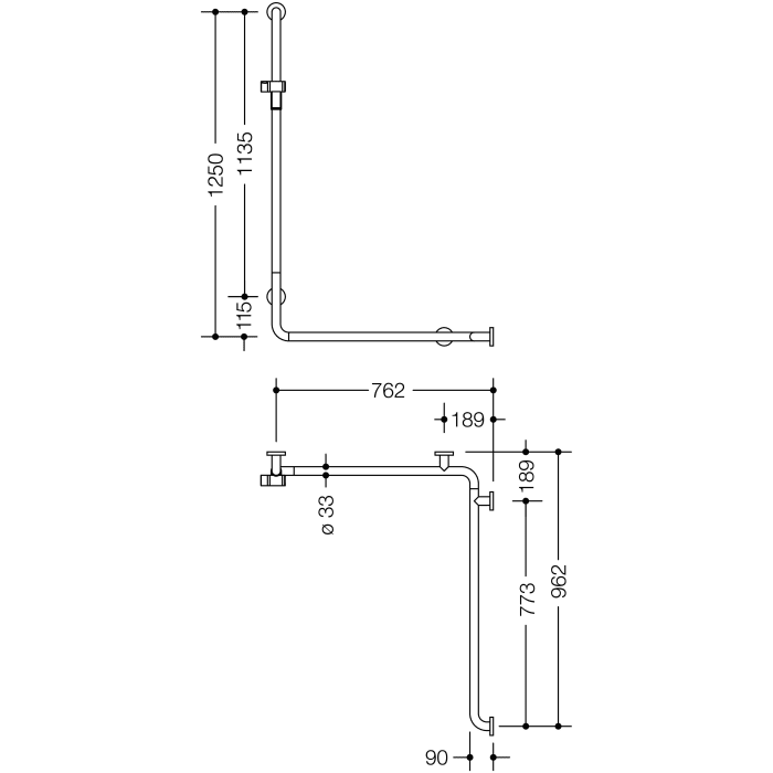 HEWI Serie 805 Classic Duschhandlauf mit Brausehalterstange 125 x 76,2/96,2 cm, Ausführung rechts