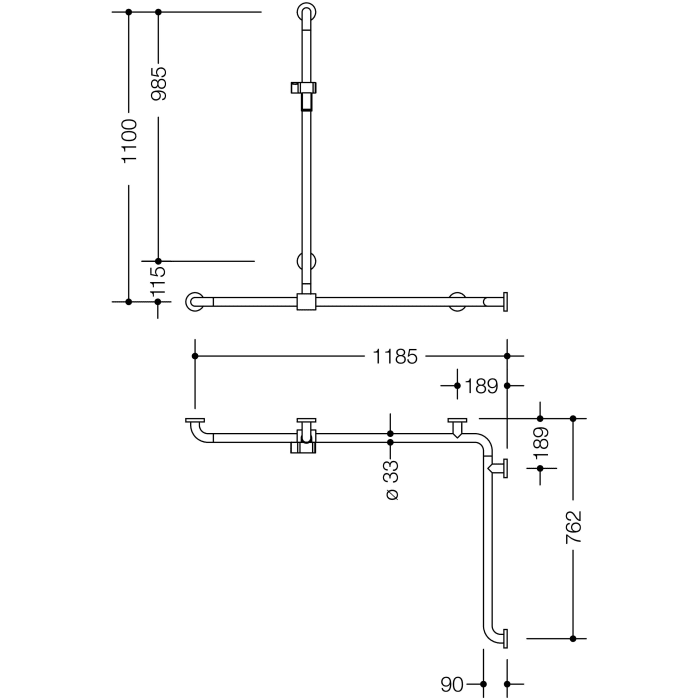 HEWI Serie 805 Classic Duschhandlauf mit verschiebbarer Brausehalterstange 110  x 118,5/76,2 cm