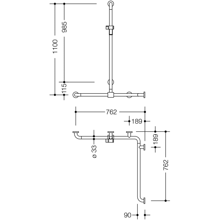 HEWI Serie 805 Classic Duschhandlauf mit verschiebbarer Brausehalterstange 110  x 76,2/76,2 cm