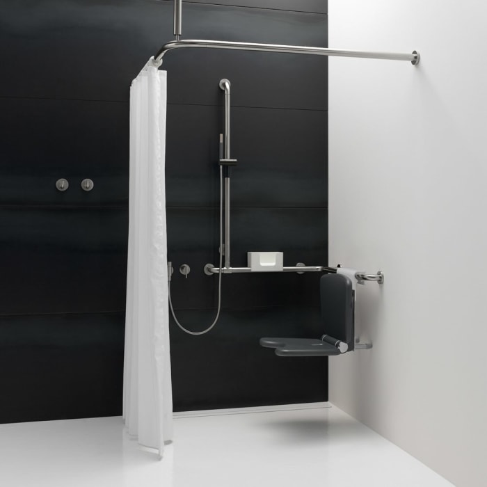 HEWI Serie 805 Classic Duschhandlauf mit verschiebbarer Brausehalterstange 110  x 76,2/76,2 cm