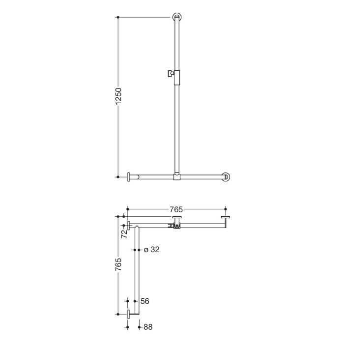 HEWI System 900 Duschhandlauf mit verschiebbarer Brausehalterstange mit Magnetbrausehalter 76,5 cm, links