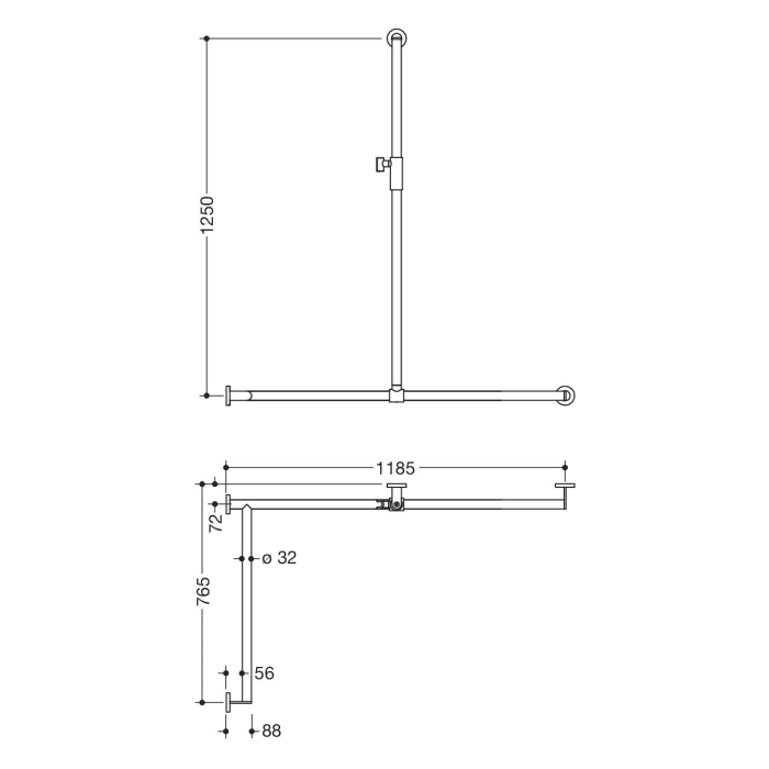 HEWI System 900 Duschhandlauf mit verschiebbarer Brausehalterstange mit Magnetbrausehalter 118,5 cm, links