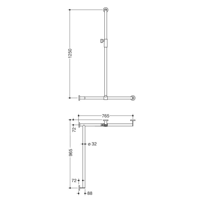 HEWI System 900 Duschhandlauf mit verschiebbarer Brausehalterstange mit Magnetbrausehalter 96,5 cm, links