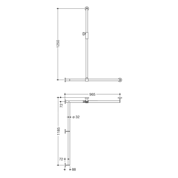 HEWI System 900 Duschhandlauf mit verschiebbarer Brausehalterstange mit Magnetbrausehalter 118,5 cm, links