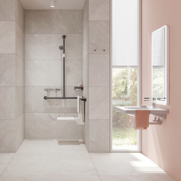 HEWI System 900 Duschhandlauf mit verschiebbarer Brausehalterstange rechts, 76,5 cm