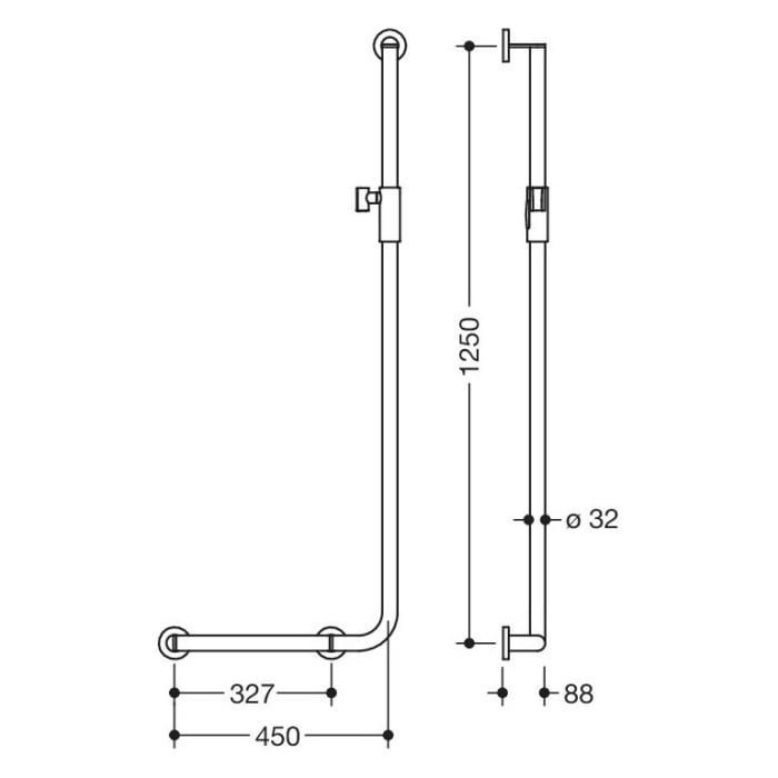 HEWI System 900 Winkelgriff mit Magnetbrausehalter 45 cm, links