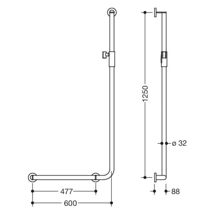 HEWI System 900 Winkelgriff mit Magnetbrausehalter 60 cm, links