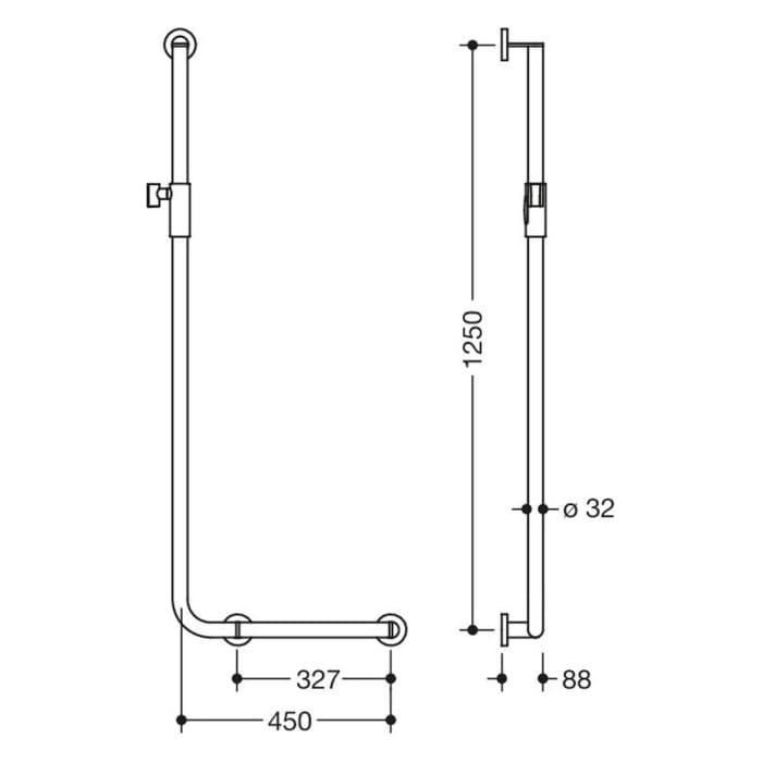 HEWI System 900 Winkelgriff mit Magnetbrausehalter 45 cm, rechts