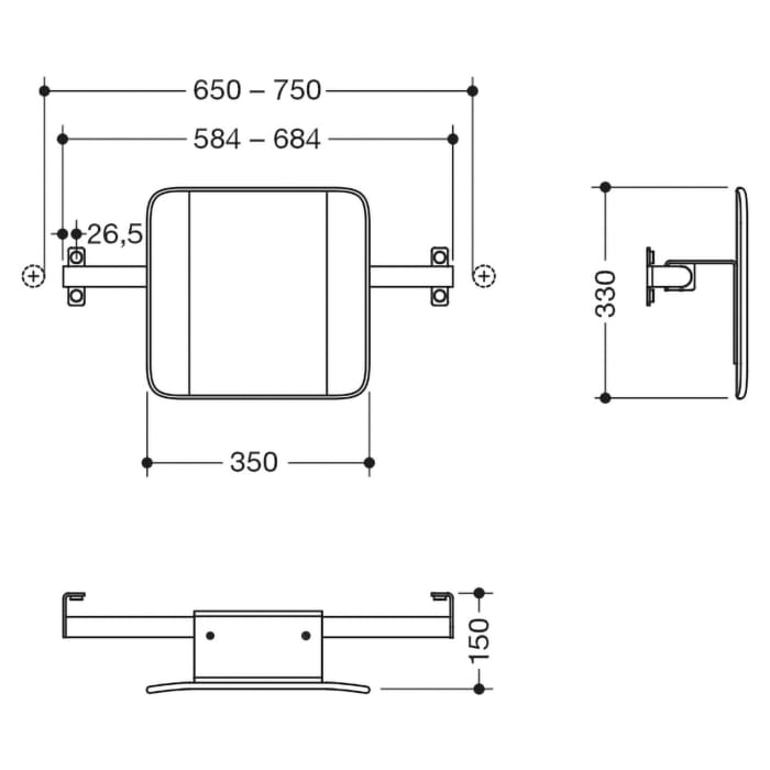 HEWI System 900 Rückenstütze Design B, Achsmaß 58,4 bis 68,4 cm