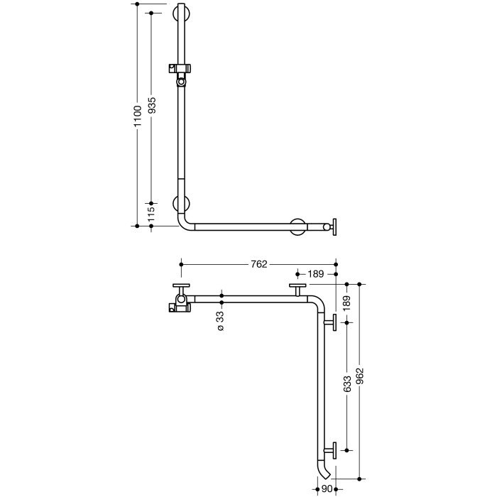 HEWI Warm Touch Duschhandlauf mit Brausehalterstange, 110 x 76,2 x 96,2 cm