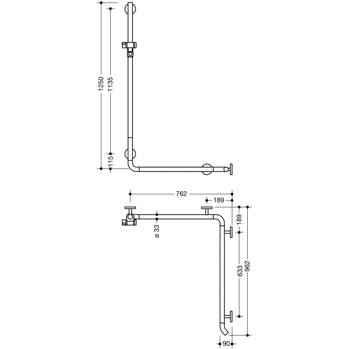 HEWI Warm Touch Duschhandlauf mit Brausehalterstange, 125 x 76,2 x 96,2 cm