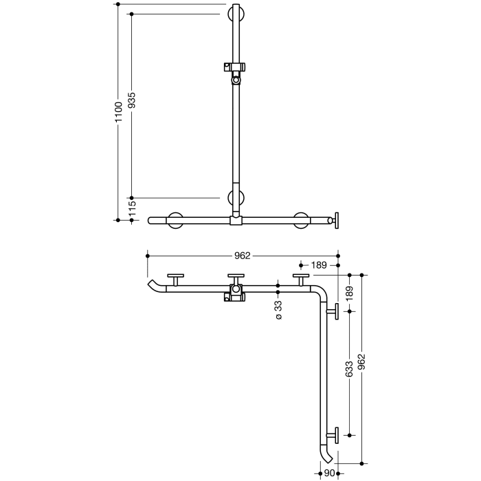 HEWI Warm Touch Duschhandlauf mit verschiebbarer Brausehalterstange, Eckmontage, 110 x 96,2 cm
