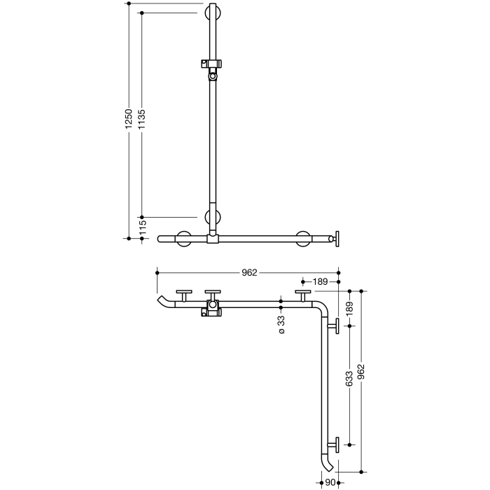 HEWI Warm Touch Duschhandlauf mit verschiebbarer Brausehalterstange, Eckmontage, 125 x 96,2 cm
