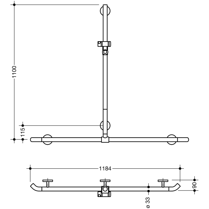 HEWI Warm Touch Duschhandlauf mit verschiebbarer Brausehalterstange, 110 x 118,4 cm