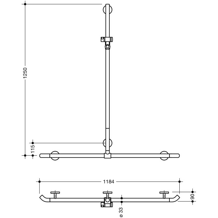 HEWI Warm Touch Duschhandlauf mit verschiebbarer Brausehalterstange, 125 x 118,4 cm