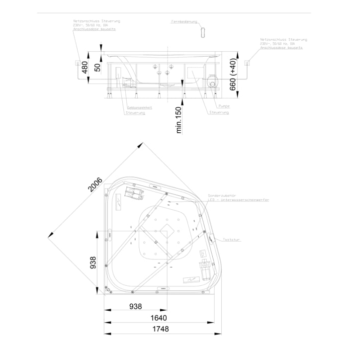 Hoesch Ergo+ Eck Whirlpool 164 x 164 cm mit Kombi System