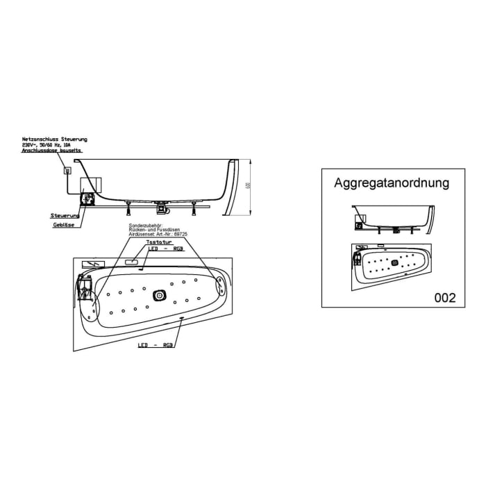 Hoesch iSENSI Trapez-Whirlpool links 170 x 100 cm, mit Überlaufschlitz