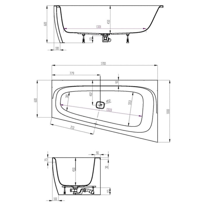 Hoesch iSENSI MONOLITH Trapez-Badewanne 170 x 100 cm, rechts mit Überlaufschlitz, BiColor