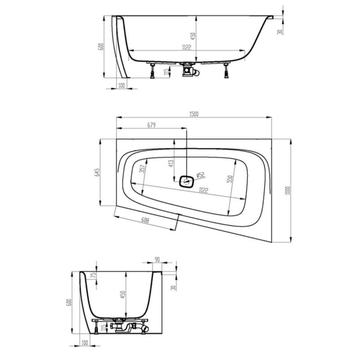 Hoesch iSENSI MONOLITH Trapez-Badewanne 150 x 100 cm, rechts mit Überlaufschlitz