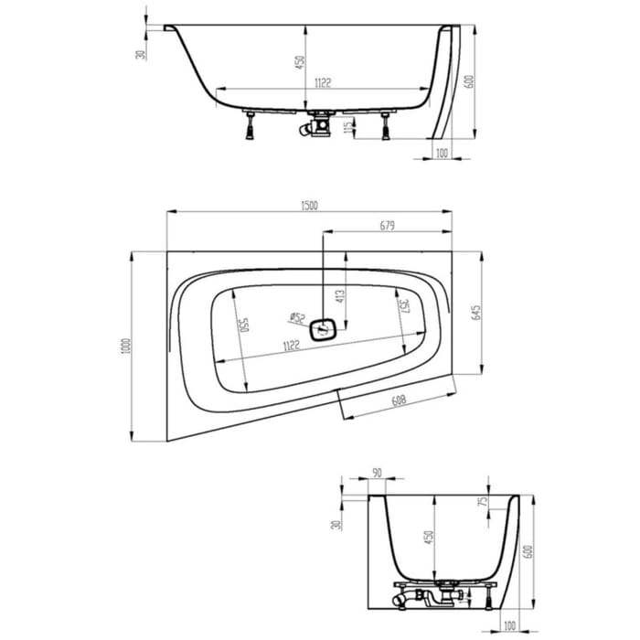 Hoesch iSENSI MONOLITH Trapez-Badewanne 150 x 100 cm, links mit Überlaufschlitz, BiColor
